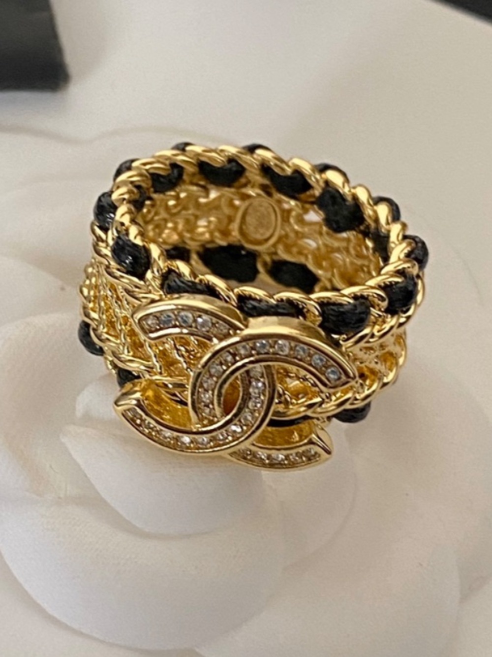Double C Designer Letter Logo Black Braided Gold Tone Ring Size 7